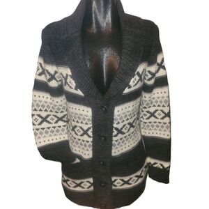 Sansara Black & White Wool Blend Fair Isle Style Cardigan M
